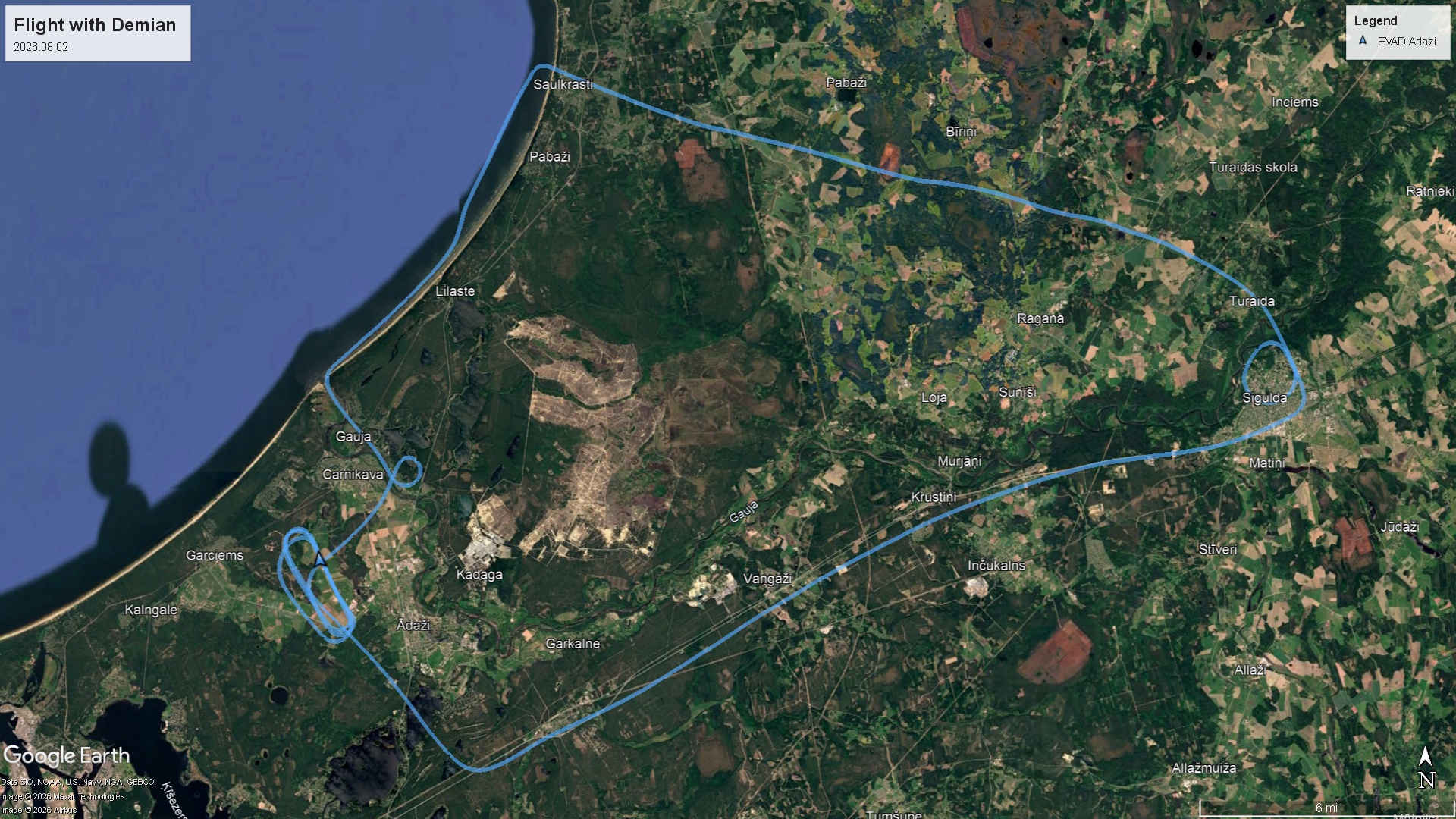 Satellite view of the flight track from EVAD Adazi north to Saulkrasti, east to Sigulda and back